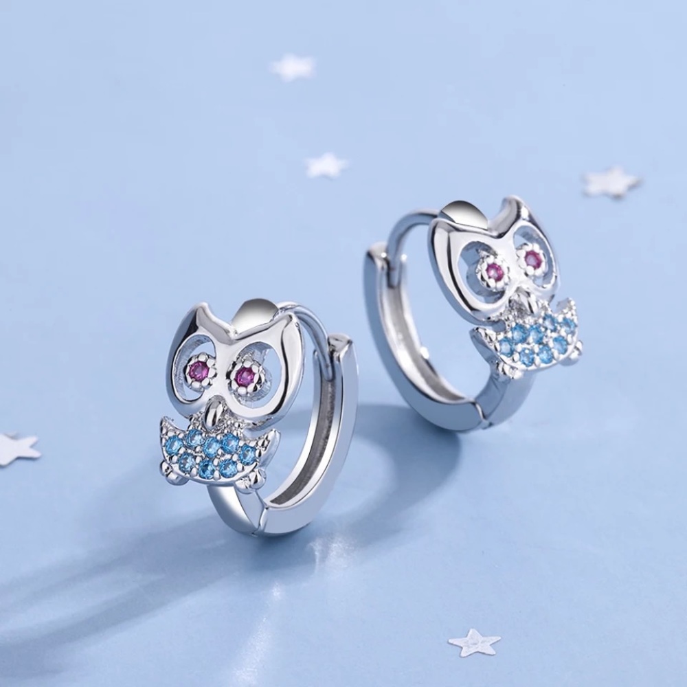 New Sterling Silver 925 Crystal Owl Hoops Earrings set